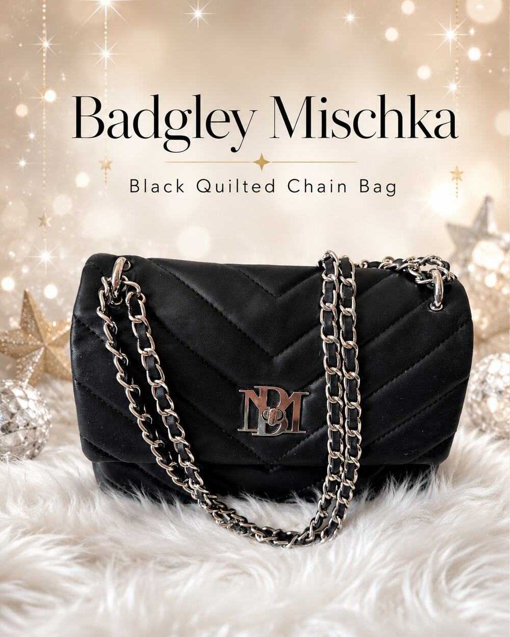 Badgley Mischka Black Quilted Chain Shoulder Bag Silver BM Logo Flap